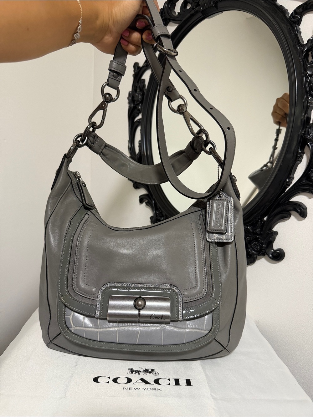 Coach Gray Leather Shoulder Hobo Bag with Croc-Textured Trim
